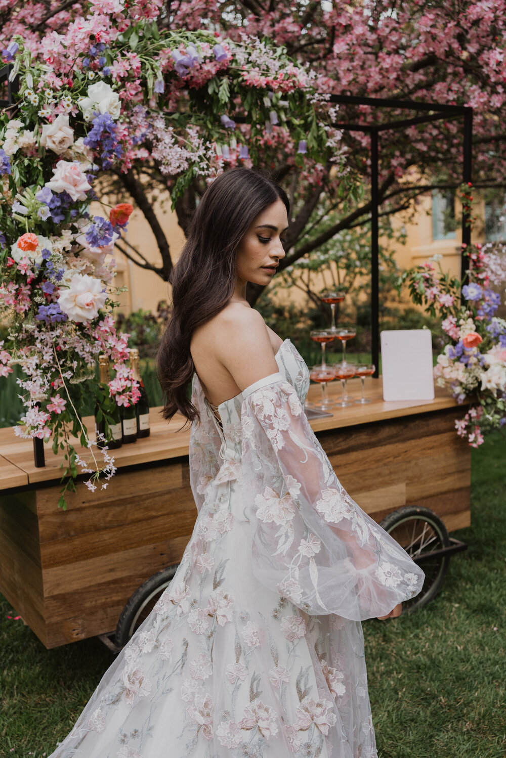 Styled Spring Elopement at Mona Farm featuring the Renee Grace Bridal 'Alana' gowns
